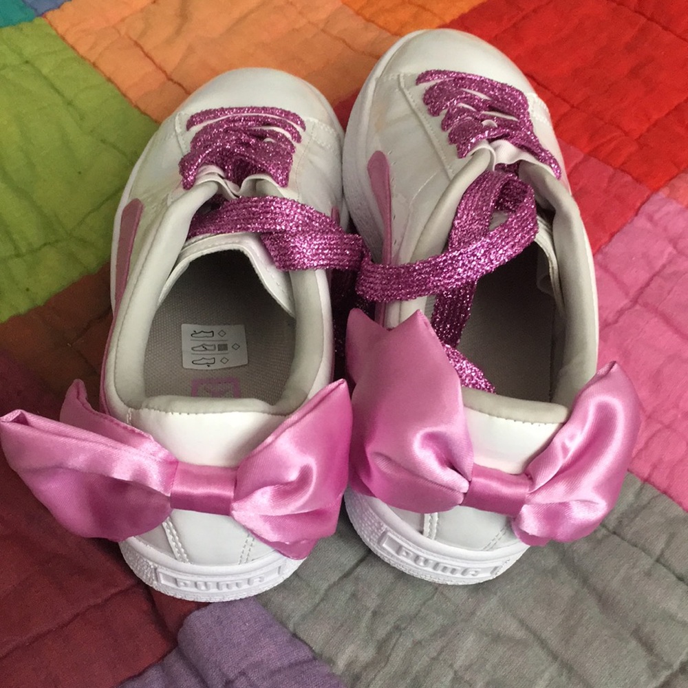 Puma bow white patent pink purple kids 5.5